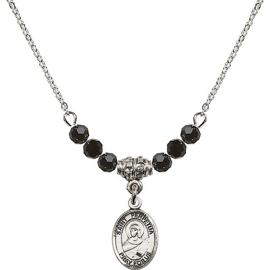 Sterling Silver Saint Perpetua Birthstone Necklace with Jet Beads - 9272