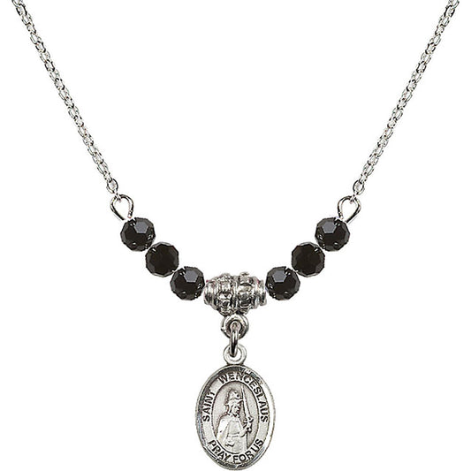 Sterling Silver Saint Wenceslaus Birthstone Necklace with Jet Beads - 9273