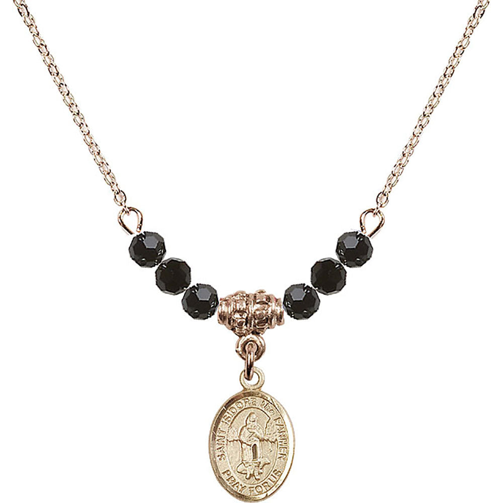 14kt Gold Filled Saint Isidore the Farmer Birthstone Necklace with Jet Beads - 9276