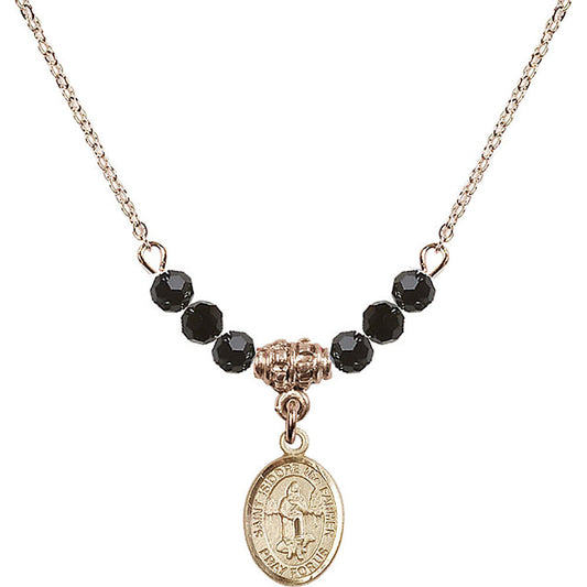 14kt Gold Filled Saint Isidore the Farmer Birthstone Necklace with Jet Beads - 9276