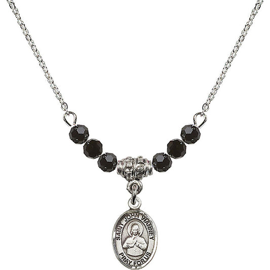 Sterling Silver Saint John Vianney Birthstone Necklace with Jet Beads - 9282
