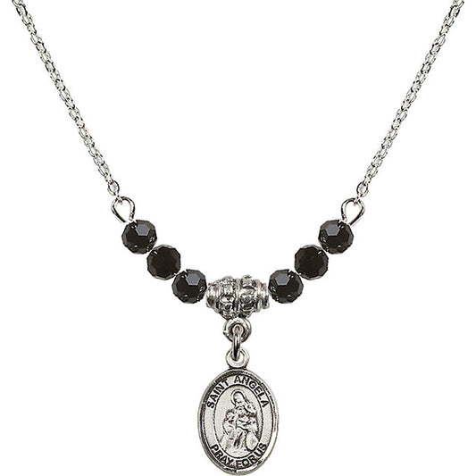 Sterling Silver Saint Angela Merici Birthstone Necklace with Jet Beads - 9284