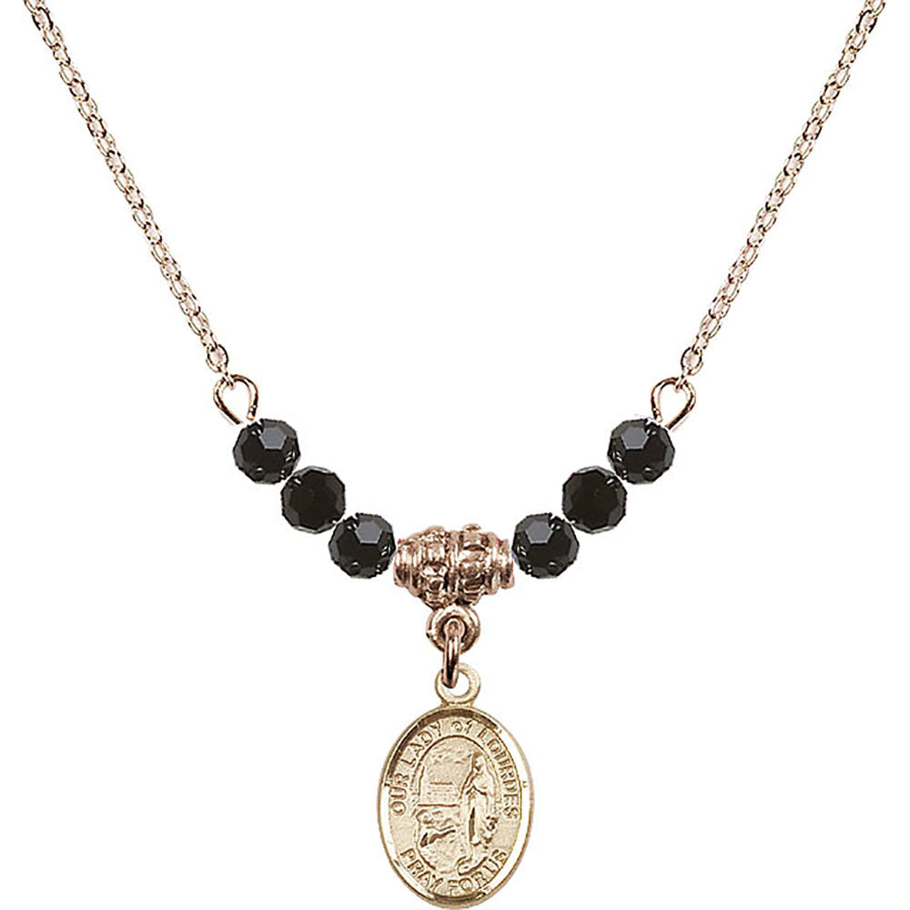 14kt Gold Filled Our Lady of Lourdes Birthstone Necklace with Jet Beads - 9288