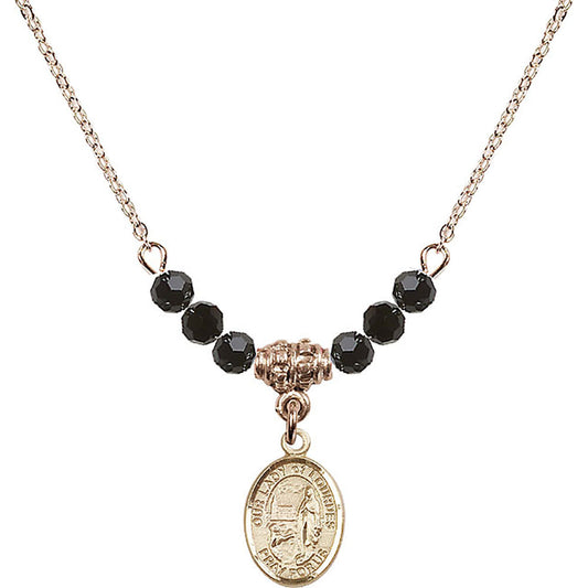 14kt Gold Filled Our Lady of Lourdes Birthstone Necklace with Jet Beads - 9288