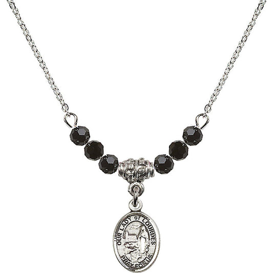 Sterling Silver Our Lady of Lourdes Birthstone Necklace with Jet Beads - 9288