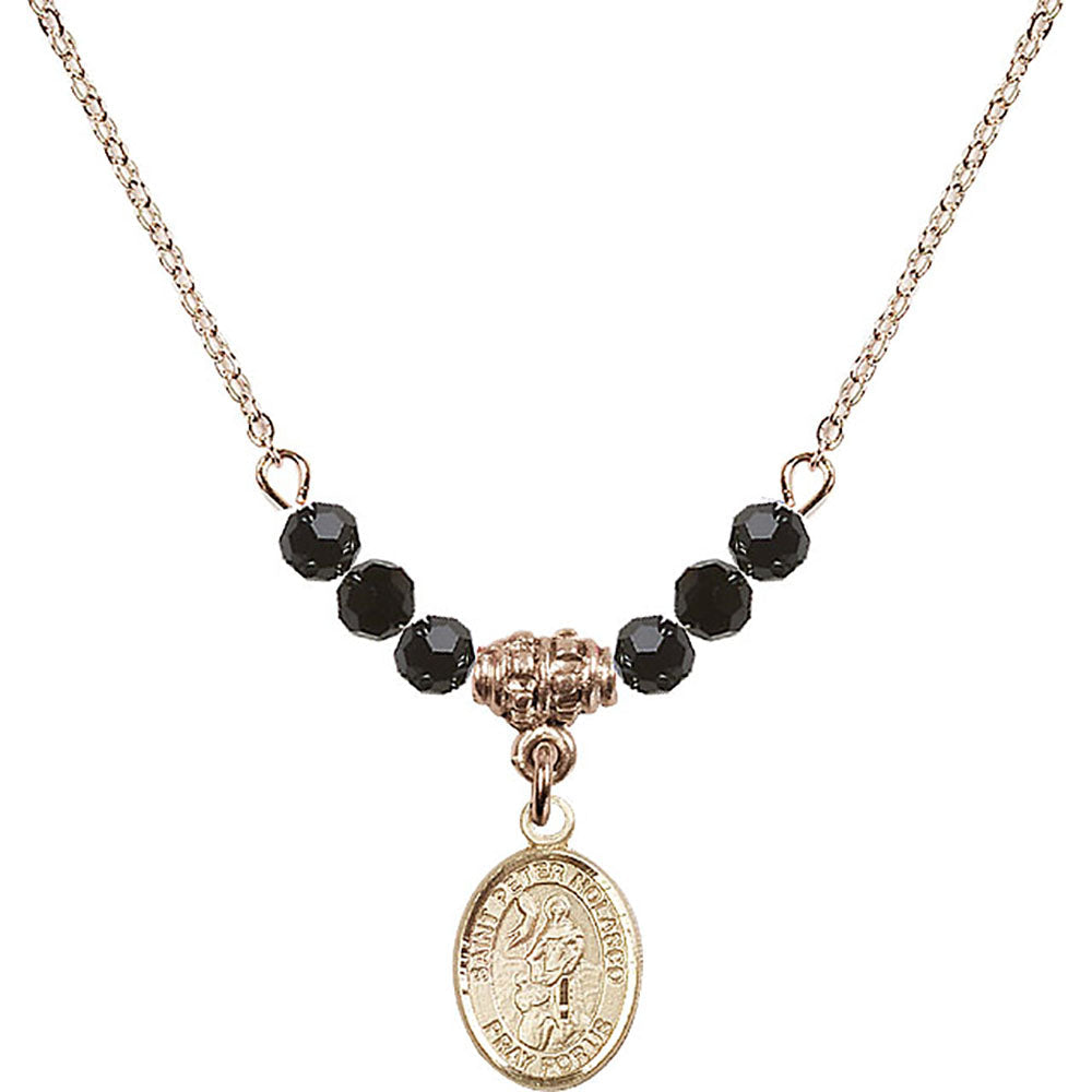 14kt Gold Filled Saint Peter Nolasco Birthstone Necklace with Jet Beads - 9291