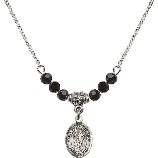 Sterling Silver Saint Peter Nolasco Birthstone Necklace with Jet Beads - 9291