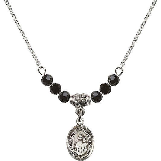 Sterling Silver Our Lady of Consolation Birthstone Necklace with Jet Beads - 9292