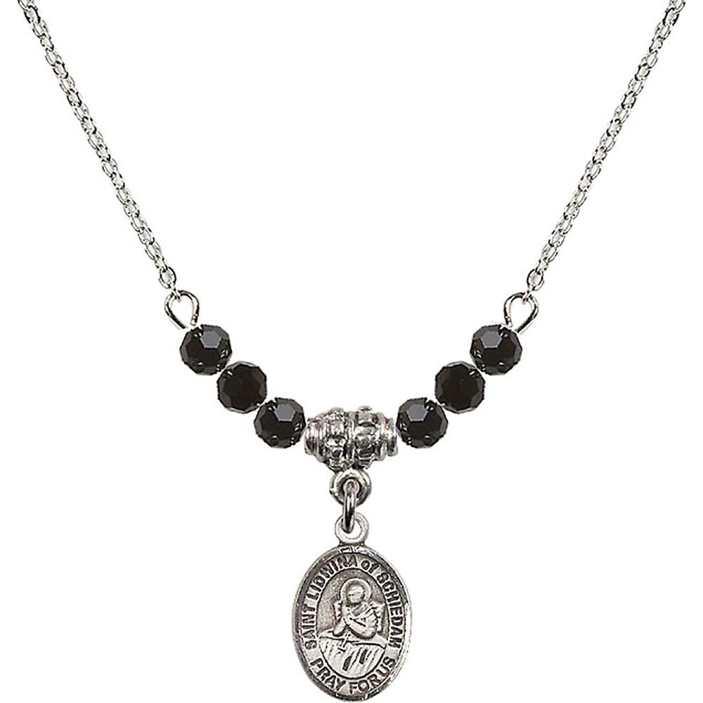 Sterling Silver Saint Lidwina of Schiedam Birthstone Necklace with Jet Beads - 9297