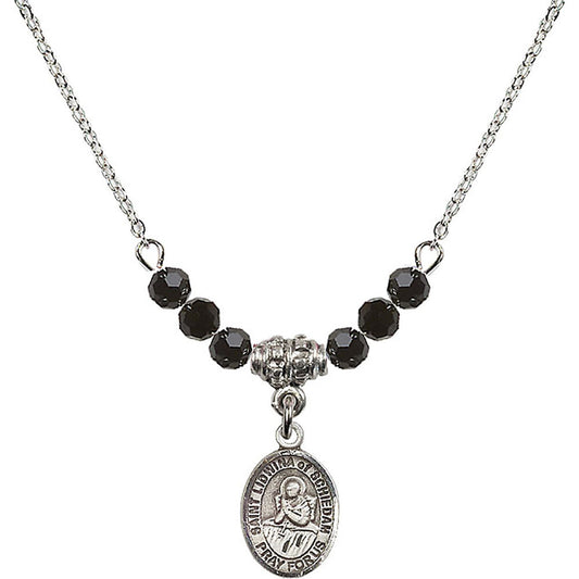 Sterling Silver Saint Lidwina of Schiedam Birthstone Necklace with Jet Beads - 9297