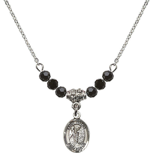 Sterling Silver Saint Fiacre Birthstone Necklace with Jet Beads - 9298