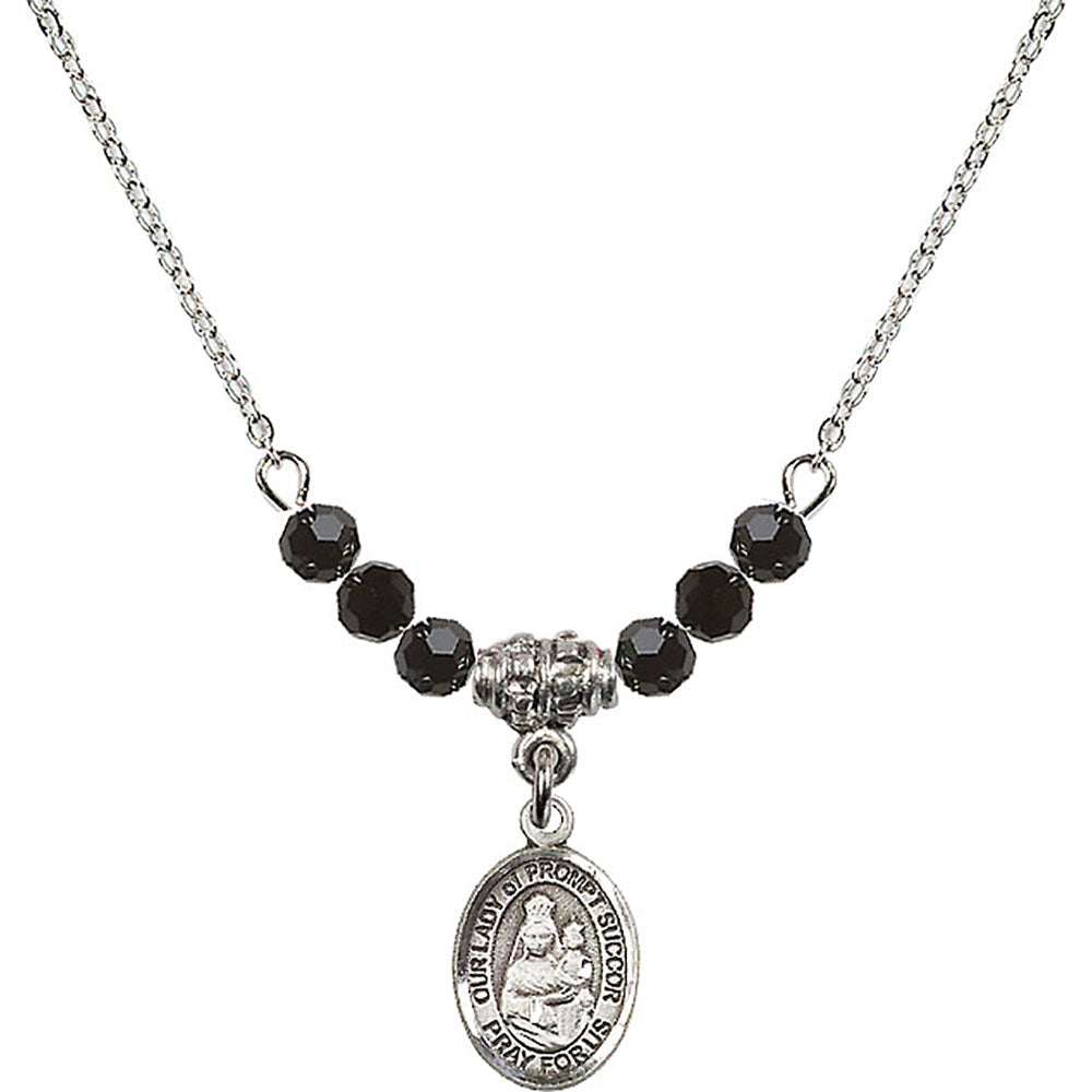 Sterling Silver Our Lady of Prompt Succor Birthstone Necklace with Jet Beads - 9299