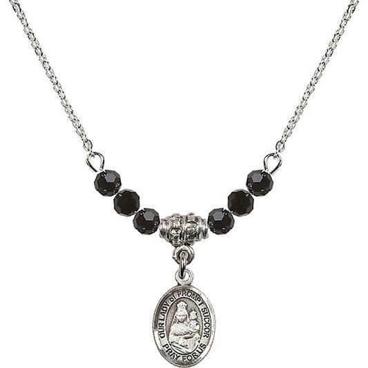 Sterling Silver Our Lady of Prompt Succor Birthstone Necklace with Jet Beads - 9299