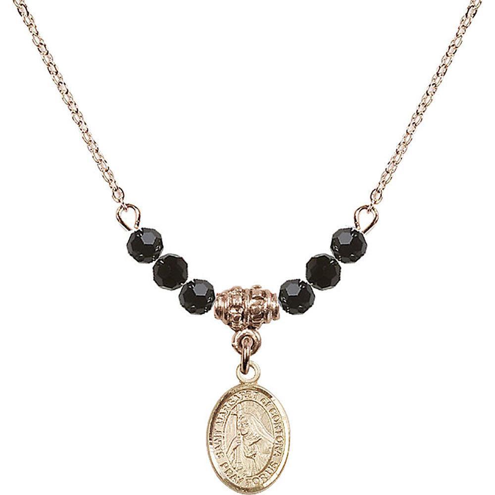 14kt Gold Filled Saint Margaret of Cortona Birthstone Necklace with Jet Beads - 9301