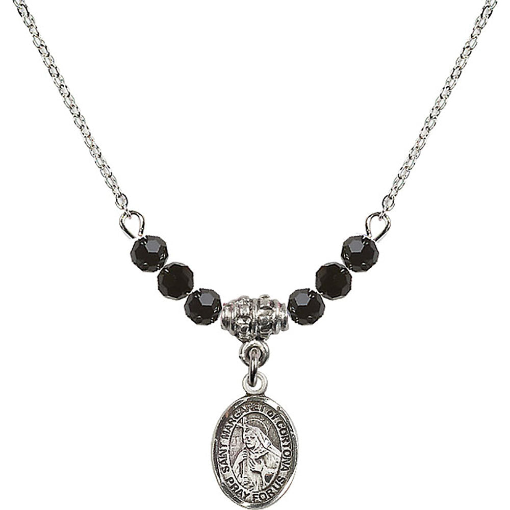 Sterling Silver Saint Margaret of Cortona Birthstone Necklace with Jet Beads - 9301