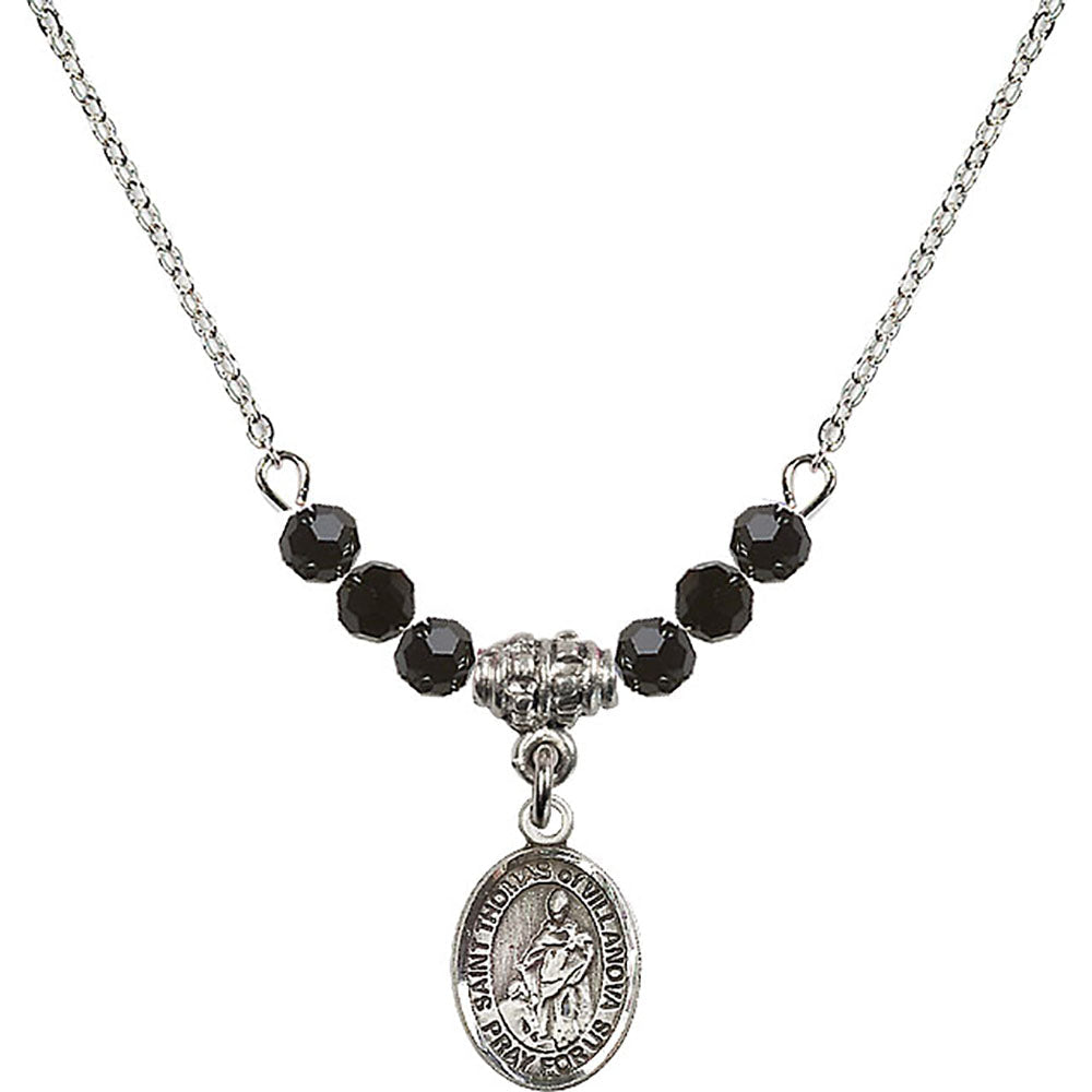 Sterling Silver Saint Thomas of Villanova Birthstone Necklace with Jet Beads - 9304