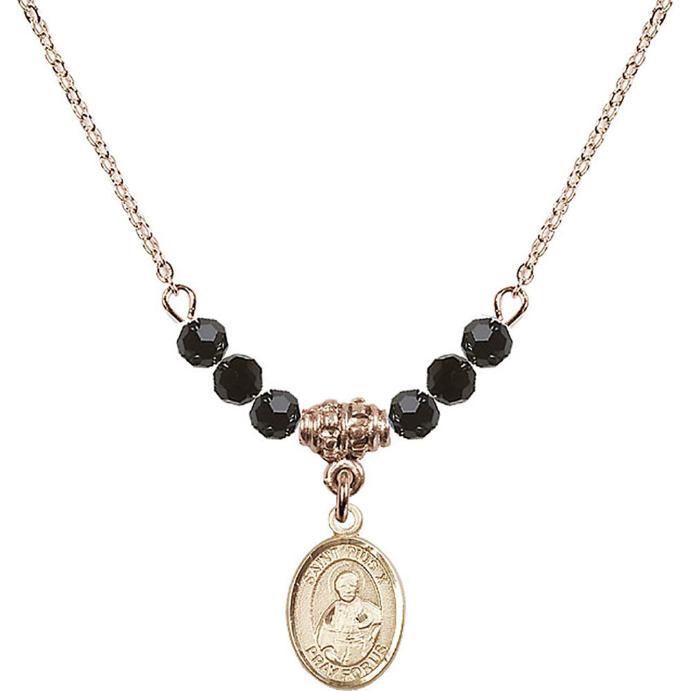 14kt Gold Filled Saint Pius X Birthstone Necklace with Jet Beads - 9305