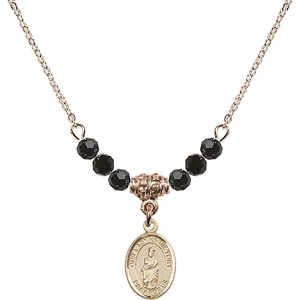 14kt Gold Filled Our Lady of Victory Birthstone Necklace with Jet Beads - 9306