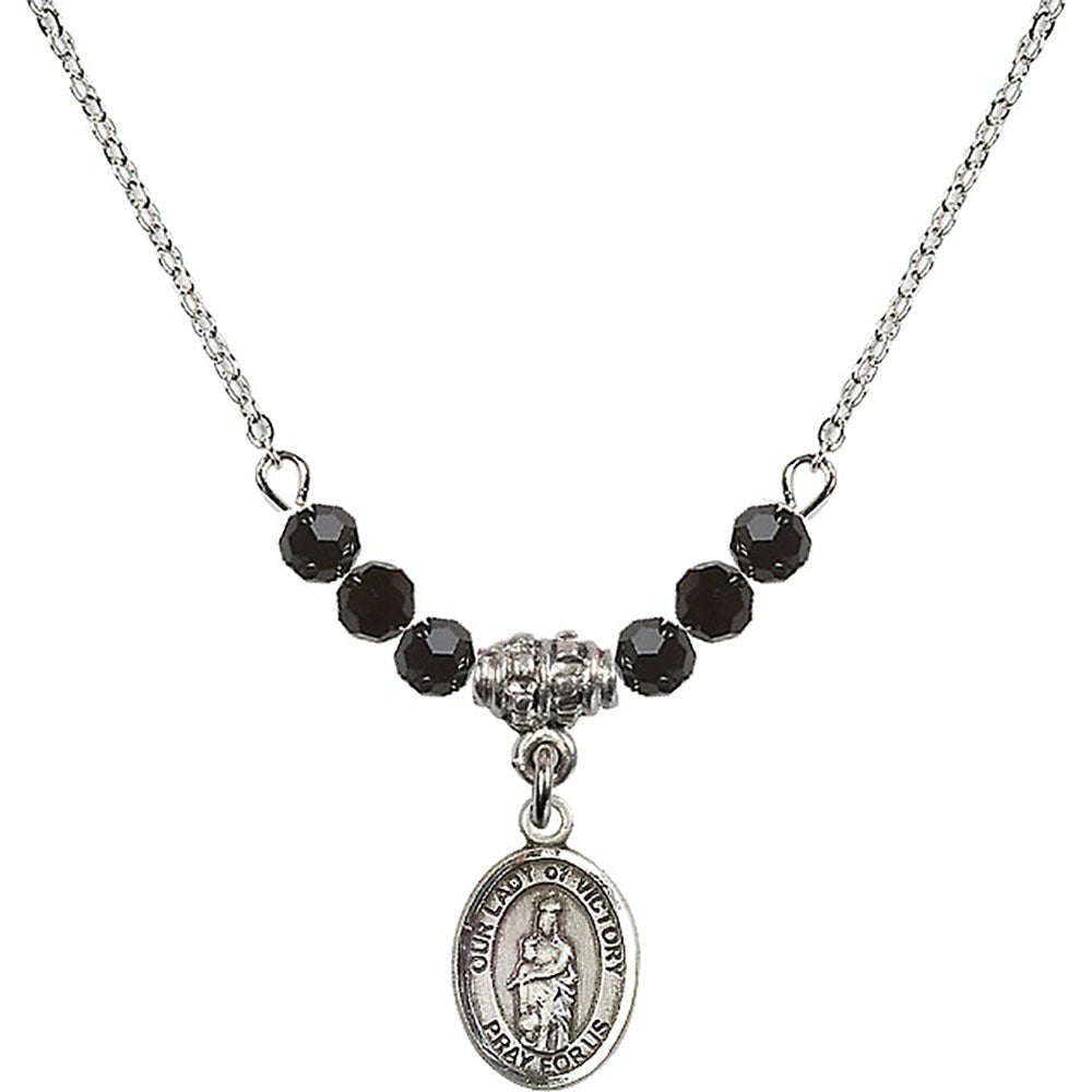Sterling Silver Our Lady of Victory Birthstone Necklace with Jet Beads - 9306