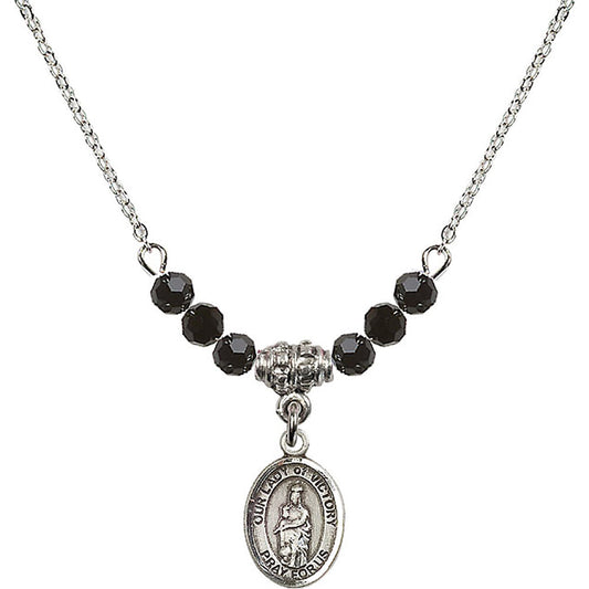 Sterling Silver Our Lady of Victory Birthstone Necklace with Jet Beads - 9306