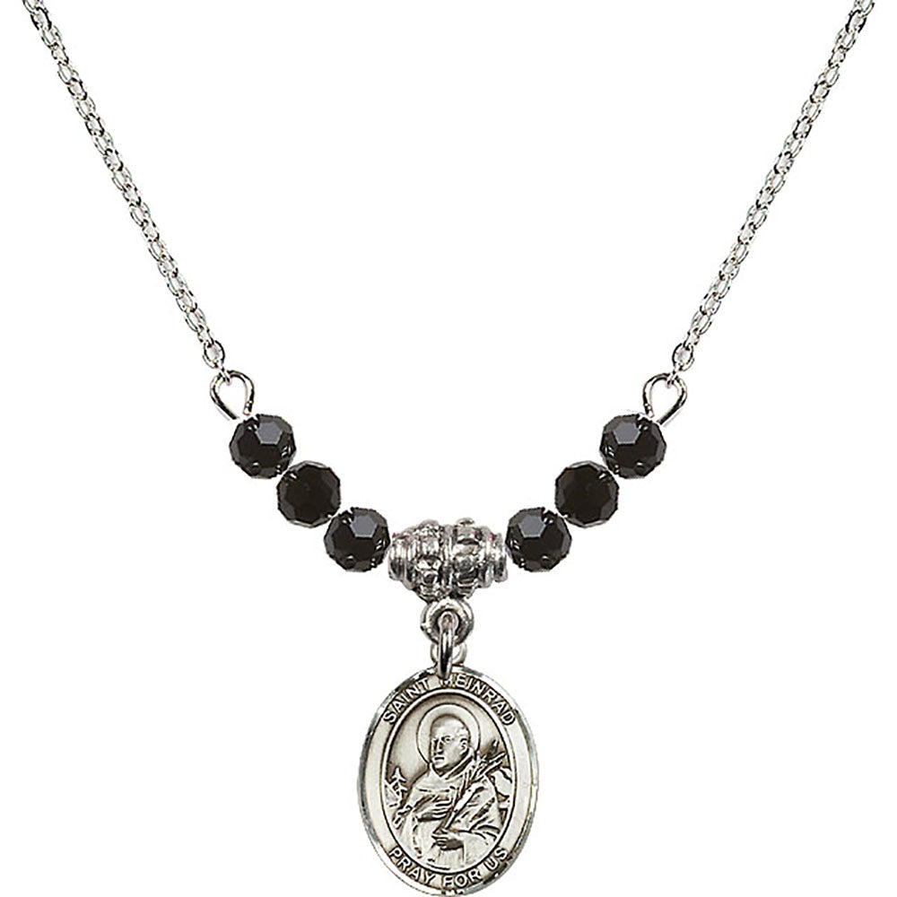 Sterling Silver Saint Meinrad of Einsiedeln Birthstone Necklace with Jet Beads - 9307