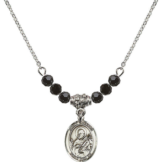 Sterling Silver Saint Meinrad of Einsiedeln Birthstone Necklace with Jet Beads - 9307