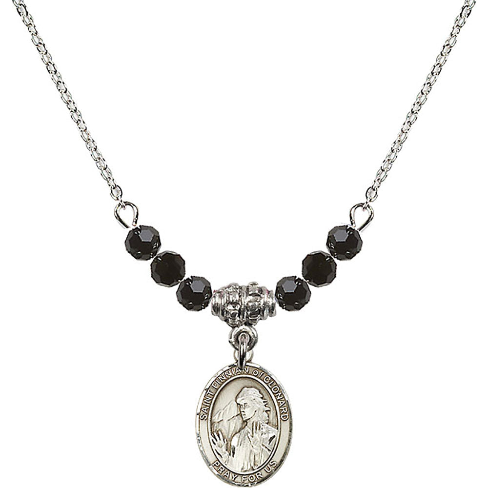 Sterling Silver Saint Finnian of Clonard Birthstone Necklace with Jet Beads - 9308
