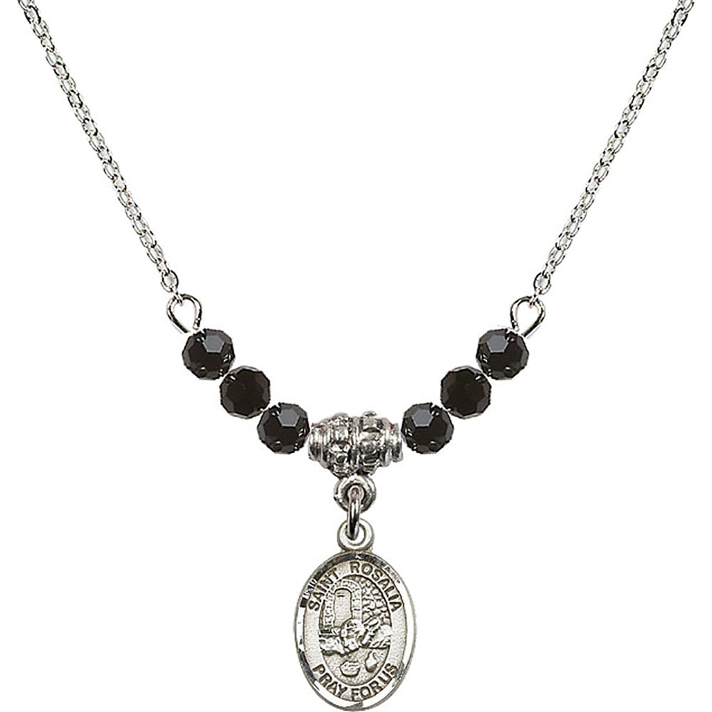 Sterling Silver Saint Rosalia Birthstone Necklace with Jet Beads - 9309