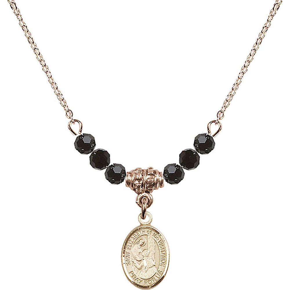 14kt Gold Filled Saint Elizabeth of the Visitation Birthstone Necklace with Jet Beads - 9311