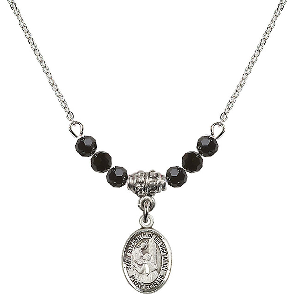 Sterling Silver Saint Elizabeth of the Visitation Birthstone Necklace with Jet Beads - 9311