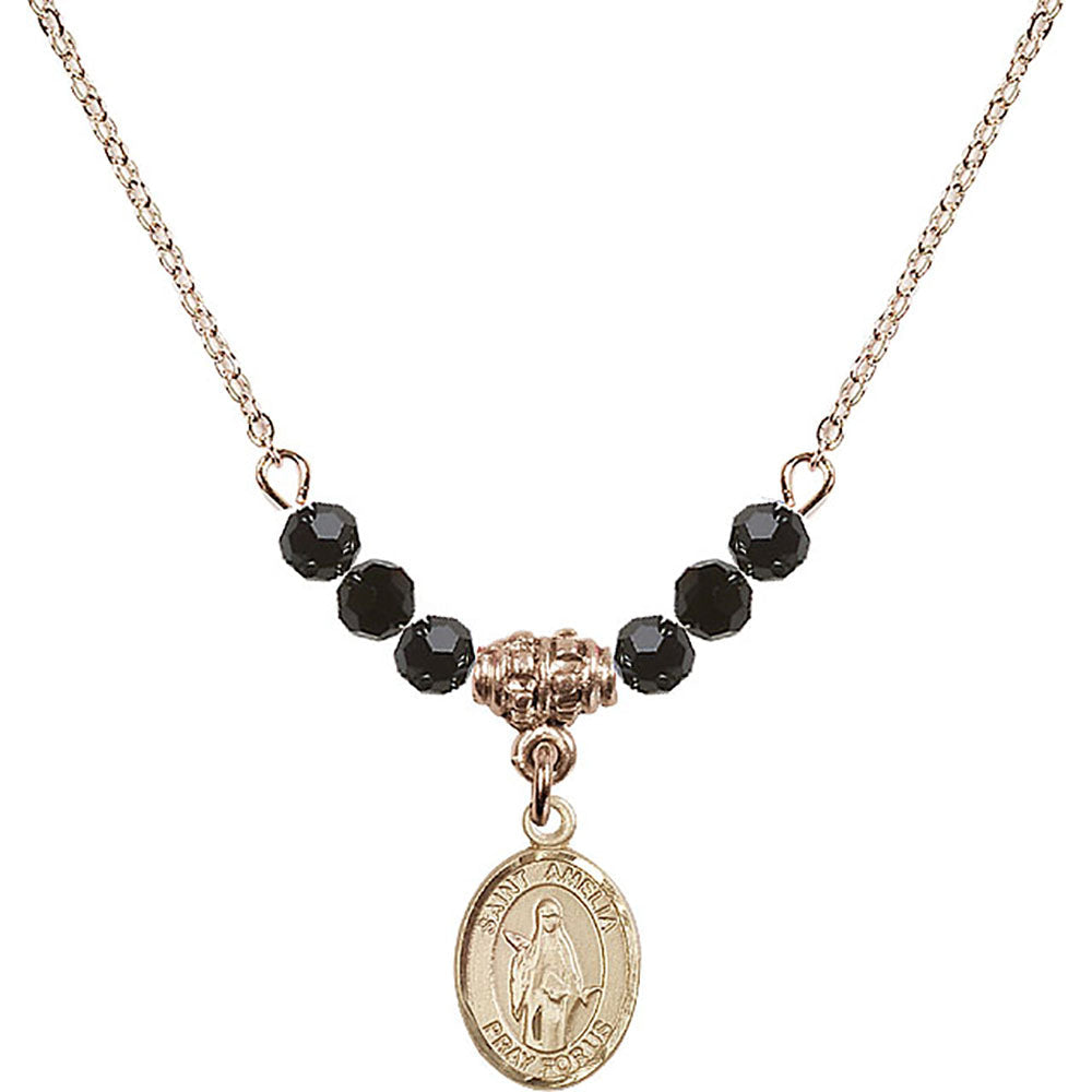 14kt Gold Filled Saint Amelia Birthstone Necklace with Jet Beads - 9313