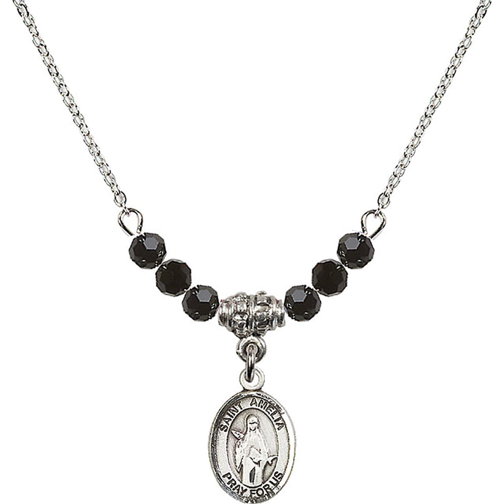 Sterling Silver Saint Amelia Birthstone Necklace with Jet Beads - 9313