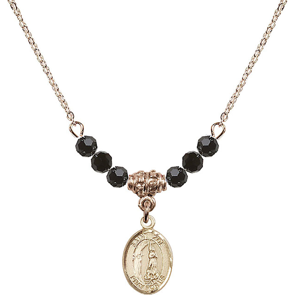 14kt Gold Filled Saint Zoe of Rome Birthstone Necklace with Jet Beads - 9314