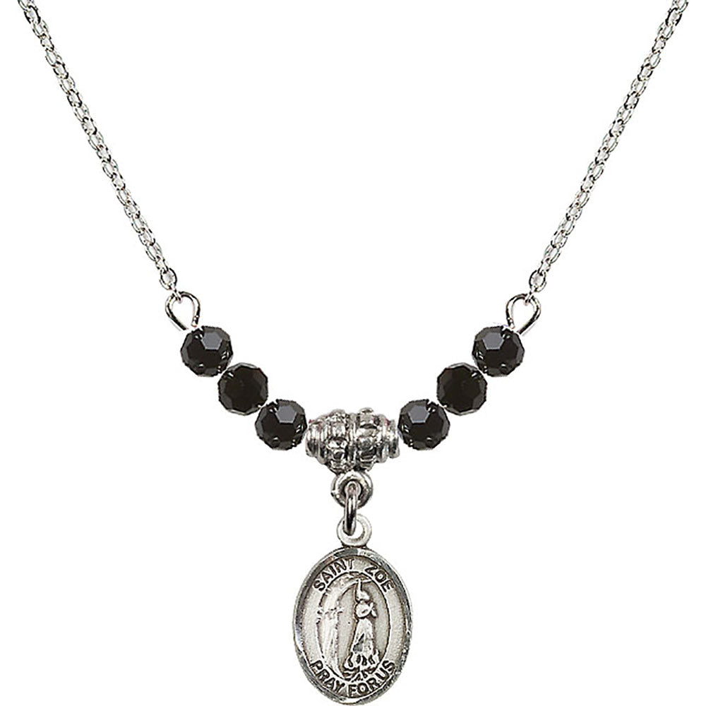 Sterling Silver Saint Zoe of Rome Birthstone Necklace with Jet Beads - 9314