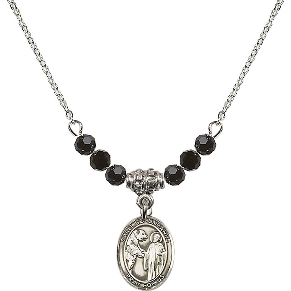 Sterling Silver Saint Columbanus Birthstone Necklace with Jet Beads - 9321