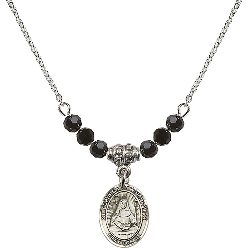 Sterling Silver Saint Edburga of Winchester Birthstone Necklace with Jet Beads - 9324