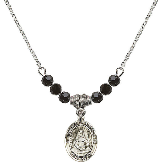 Sterling Silver Saint Edburga of Winchester Birthstone Necklace with Jet Beads - 9324