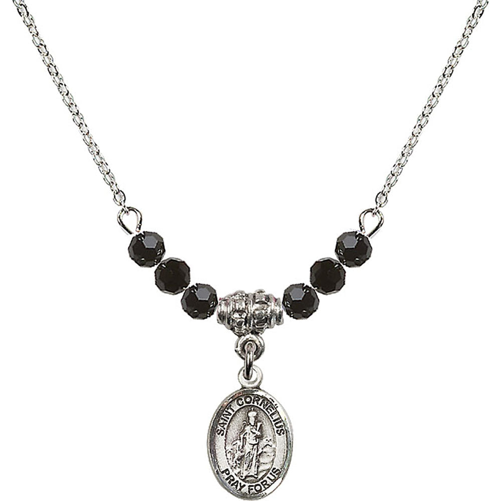 Sterling Silver Saint Cornelius Birthstone Necklace with Jet Beads - 9325