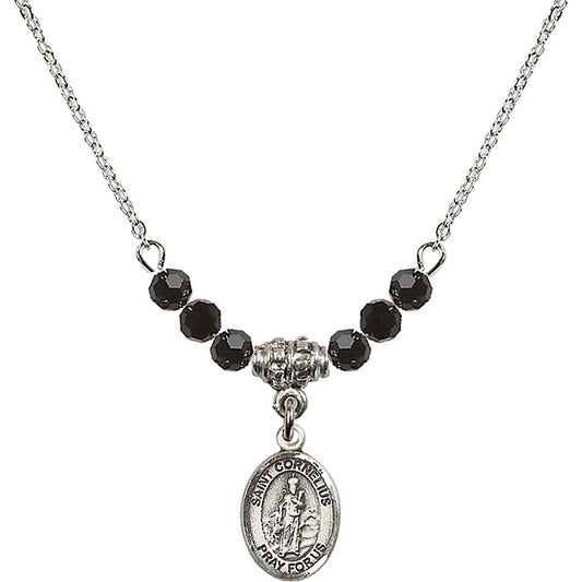 Sterling Silver Saint Cornelius Birthstone Necklace with Jet Beads - 9325