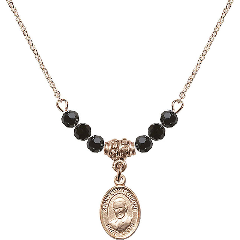 14kt Gold Filled Saint Luigi Orione Birthstone Necklace with Jet Beads - 9326