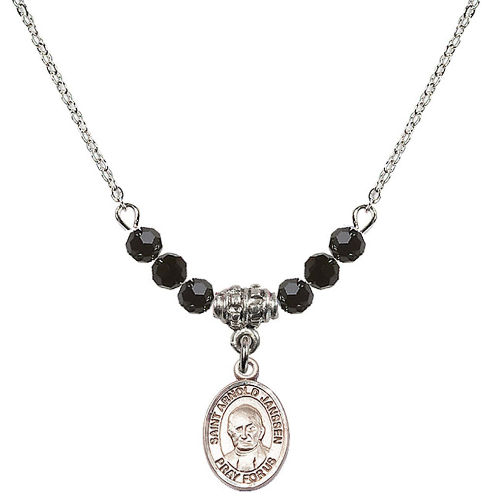 Sterling Silver Saint Arnold Janssen Birthstone Necklace with Jet Beads - 9328