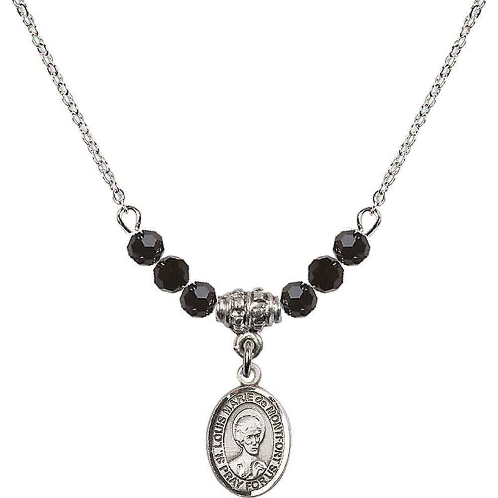 Sterling Silver Saint Louis Marie de Montfort Birthstone Necklace with Jet Beads - 9330