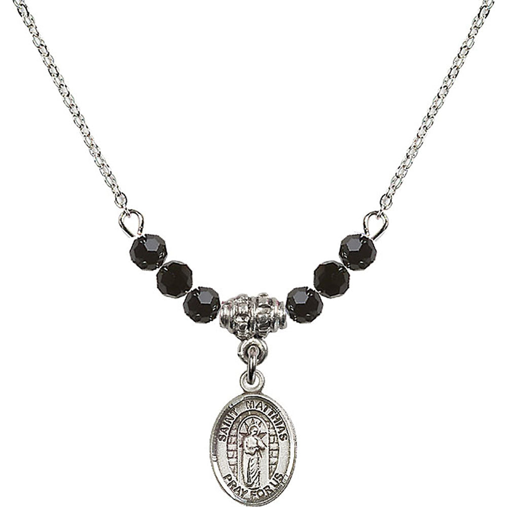 Sterling Silver Saint Matthias the Apostle Birthstone Necklace with Jet Beads - 9331