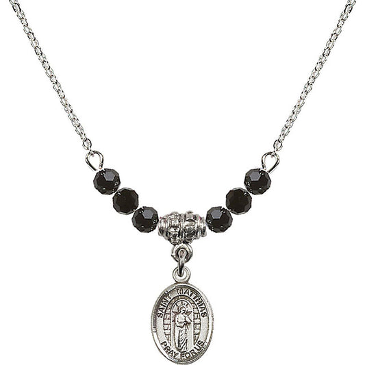 Sterling Silver Saint Matthias the Apostle Birthstone Necklace with Jet Beads - 9331