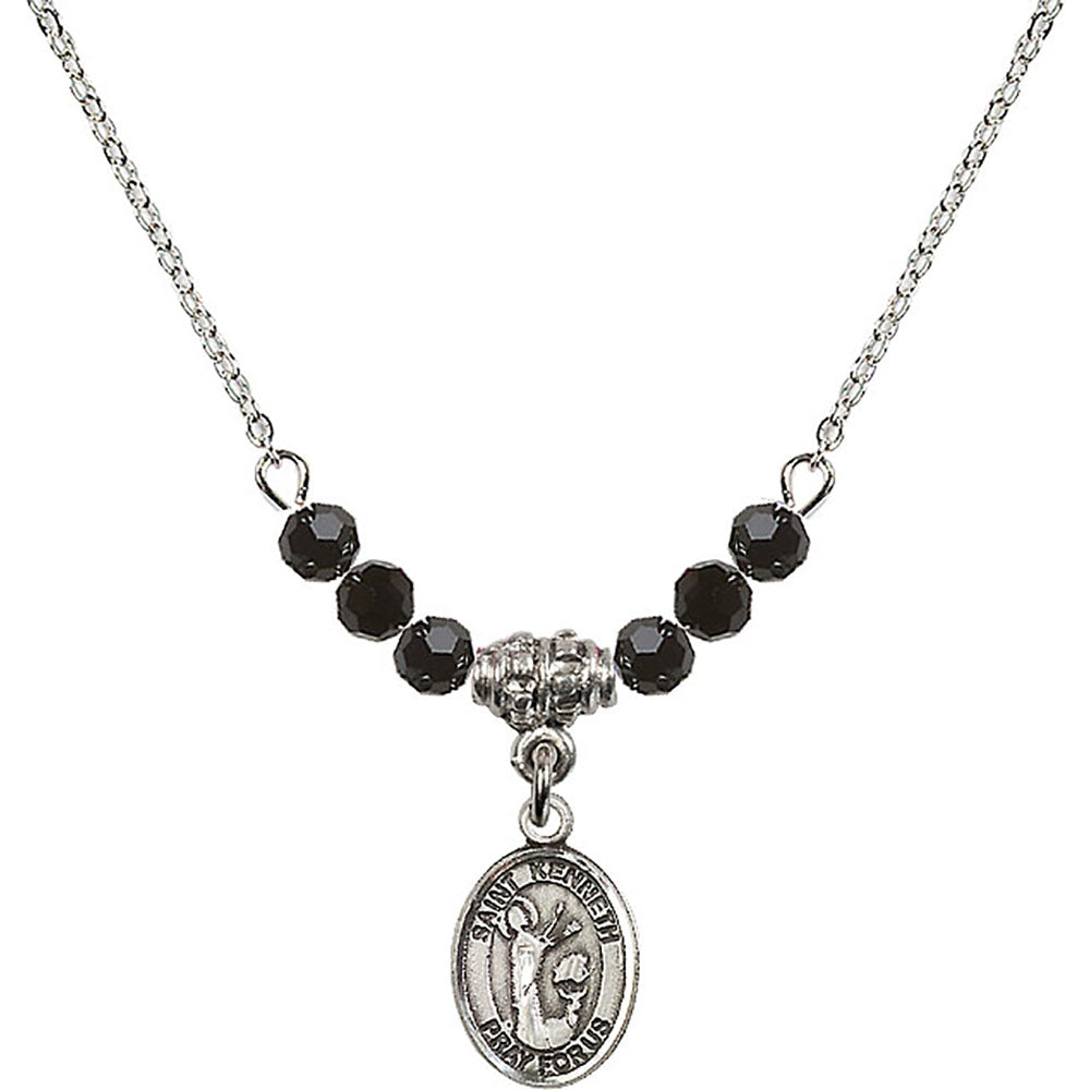 Sterling Silver Saint Kenneth Birthstone Necklace with Jet Beads - 9332
