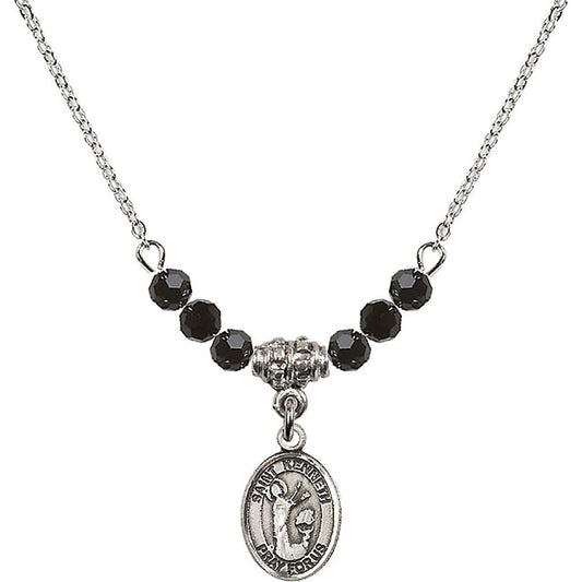 Sterling Silver Saint Kenneth Birthstone Necklace with Jet Beads - 9332