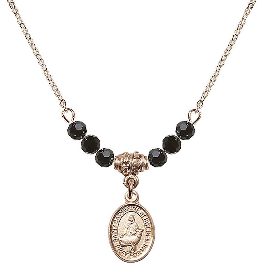 14kt Gold Filled Saint Catherine of Sweden Birthstone Necklace with Jet Beads - 9336
