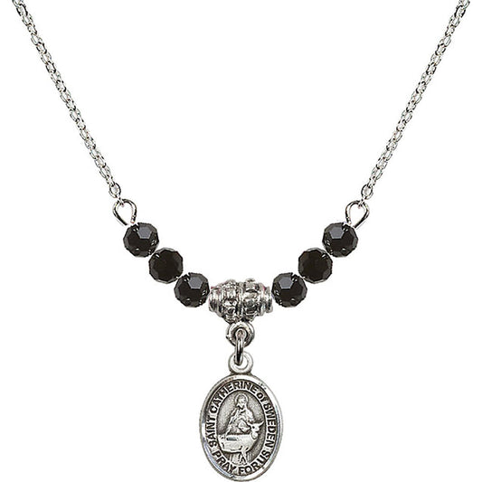 Sterling Silver Saint Catherine of Sweden Birthstone Necklace with Jet Beads - 9336