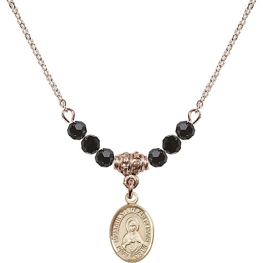 14kt Gold Filled Immaculate Heart of Mary Birthstone Necklace with Jet Beads - 9337