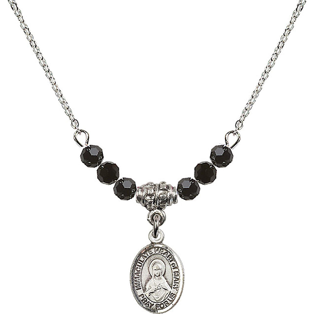 Sterling Silver Immaculate Heart of Mary Birthstone Necklace with Jet Beads - 9337
